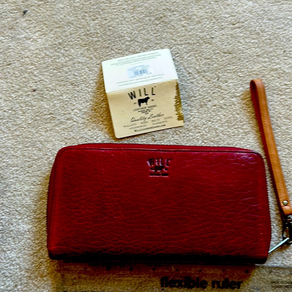 Will Leather Goods clutch color Berry with wallet interior 9x4x1”